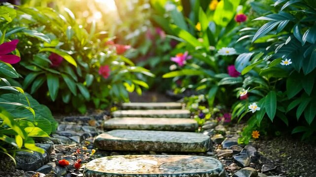 A stone pathway winds through a lush garden, with bright flowers blooming in the sunlight