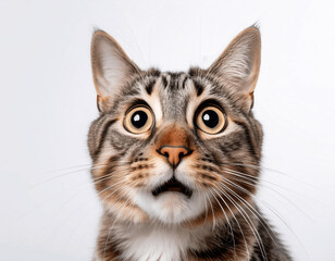 Fototapeta premium Cat portrait profile front photograph making a surprised look on face portrait with neutral white background