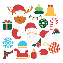 Christmas symbols collection with Santa, snowman, and wreath, Vector