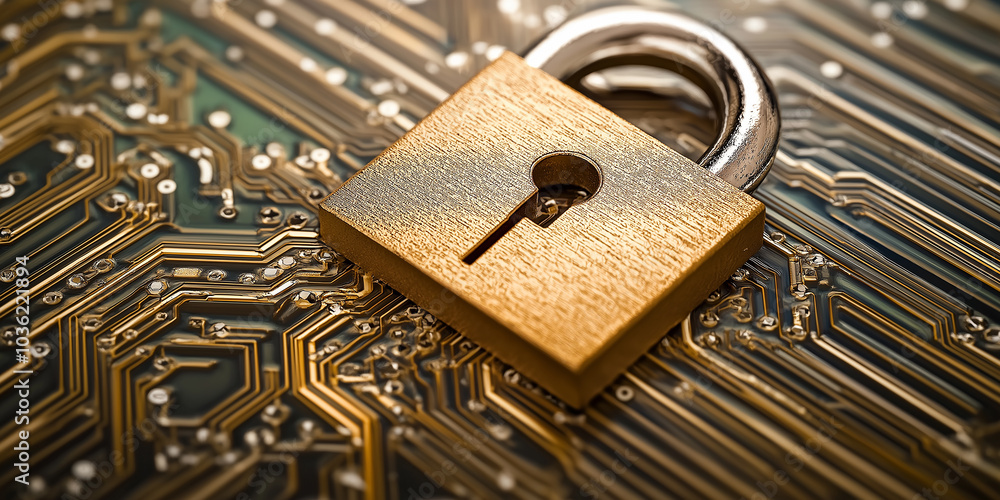 Aufkleber golden padlock sitting on a circuit board protecting data