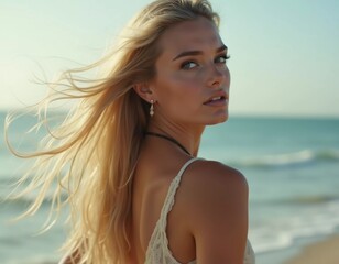 Naklejka premium A blond woman in a swimsuit gazes back while standing near the shoreline. Gentle sea waves lap at her feet under a clear blue sky. Long hair, beautiful young face. Travel and clothing adverts. AI