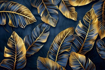 Obraz premium Elegant tropical leaf wallpaper with intricate golden banana leaf line arts and hand-drawn outlines, perfect for luxurious nature patterns in fabric, print, cover, banner, and invitation