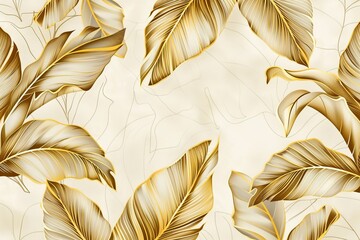 Elegant tropical leaf wallpaper with intricate golden banana leaf line arts and hand-drawn outlines, perfect for luxurious nature patterns in fabric, print, cover, banner, and invitation