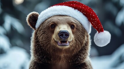 A bear wearing a festive Santa hat in a snowy forest setting.