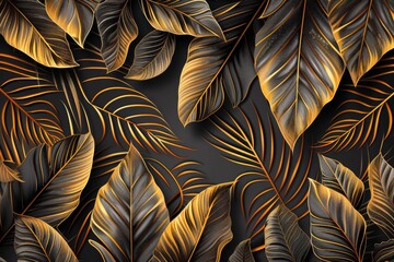 Elegant tropical leaf wallpaper with intricate golden banana leaf line arts and hand-drawn outlines, perfect for luxurious nature patterns in fabric, print, cover, banner, and invitation