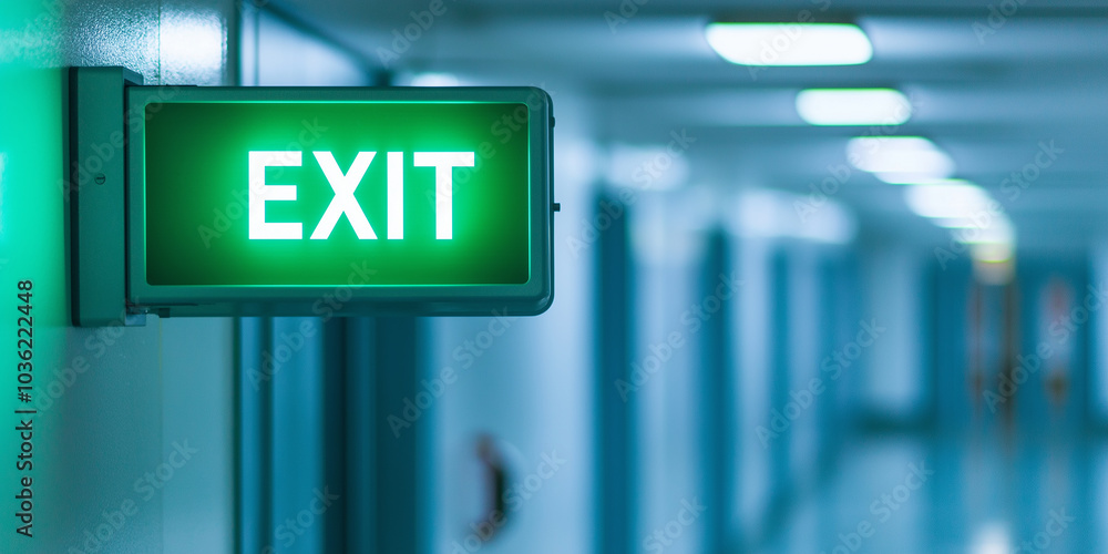 Wall mural illuminated green exit sign showing the way out in a corridor