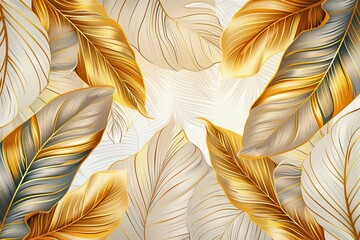Elegant tropical leaf wallpaper with intricate golden banana leaf line arts and hand-drawn outlines, perfect for luxurious nature patterns in fabric, print, cover, banner, and invitation