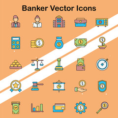 Set of banker vector icons depicting financial services and banking elements ideal for finance-related designs.