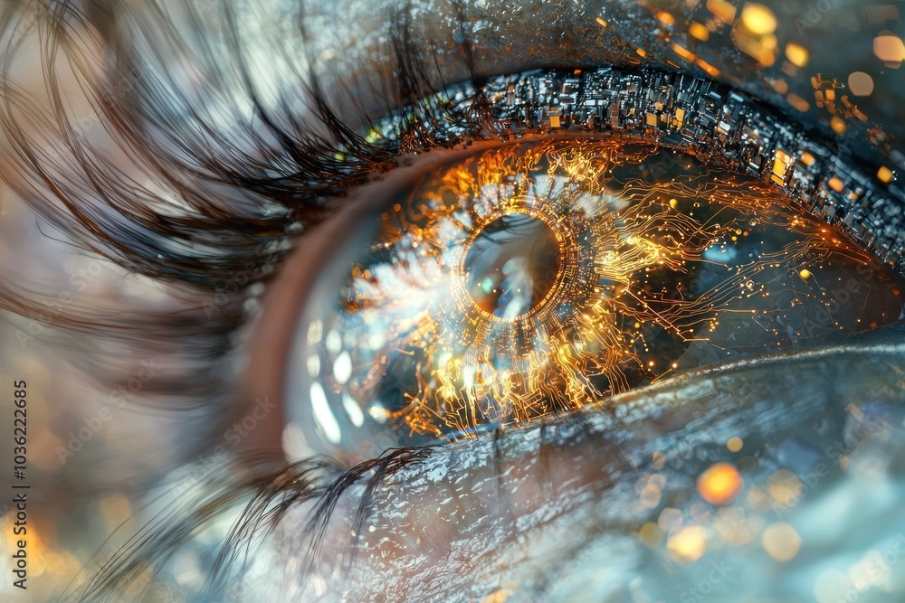 Poster a close-up of a human eye with glowing circuits and lines