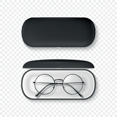 Vector 3D Realistic Round Frame Glasses and Case Set. Black Sunglasses and Closed Case. Vintage Eyeglasses and Case, Top View. Design Template for Optics and Eyewear Branding