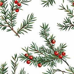 Festive botanical design featuring yew branches and red berries in a seamless pattern on a white background for Christmas projects.