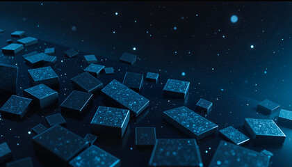 Floating digital blocks representing a blockchain ledger on a dark background with glowing data patterns