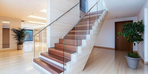 Modern open space home interior design showing staircase