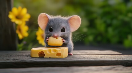 Fototapeta premium 3D Adorable Baby Mouse Eating a Pastel Colored Cheese Delight