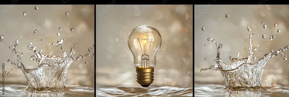 Poster water droplets splashing around a lightbulb