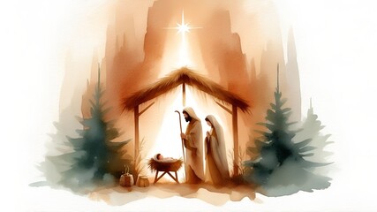 Watercolor minimalist painting representing Nativity scene in Bethlehem. Christmas scene illustration showing holy family baby Jesus in the manger Joseph and Mary. Banner. 
