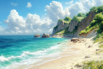 Naklejka premium Serene Coastal Landscape with White Clouds and Turquoise Waters