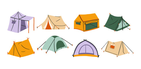 Hand Drawn Camping Tents Collection. A collection of 8 hand-drawn camping tent illustrations, perfect for outdoor adventure, travel, and camping-themed designs
