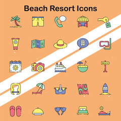 Collection of beach resort icons representing relaxation and leisure activities ideal for travel and vacation designs.