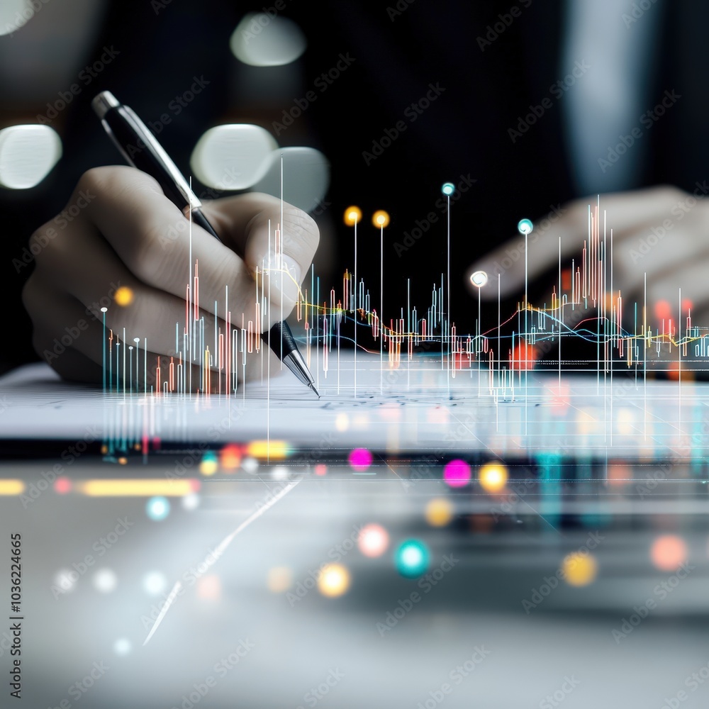 Poster a professional workspace featuring a hand writing on a report with data visualizations and charts, s