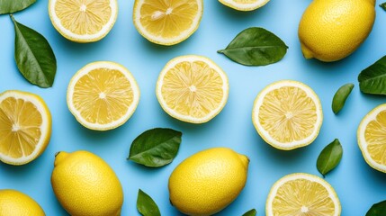 Fototapeta premium Lemon Halves and Whole Lemons on Blue Background with Green Leaves