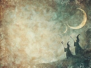 Obraz premium Vintage-inspired frame with delicate witch silhouettes and crescent moons, mystical aura, no copyrighted elements