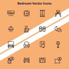 Collection of bedroom vector icons depicting furniture and decor elements suitable for interior design themes.