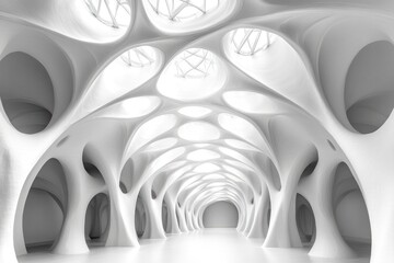 Abstract White Architectural Corridor with Organic Forms and Skylights