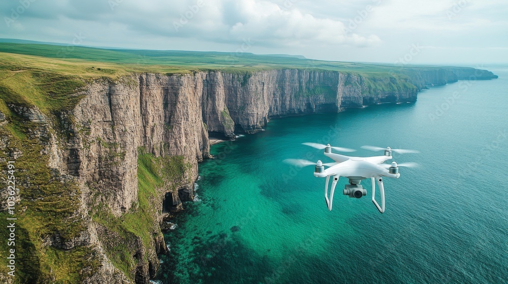 Poster A drone hovers above stunning cliffs, showcasing their height and ruggedness against a backdrop of inviting turquoise waters on a sunny day.