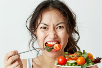Asian woman on a diet, grimacing at vegetables on her fork, white background