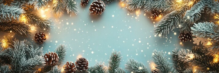 Merry Christmas and Happy Holidays greeting card, frame, banner. New Year. Noel. Snow christmas tree light background. Winter xmas holiday theme. Flat lay, ai