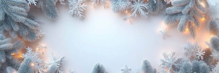 Merry Christmas and Happy Holidays greeting card, frame, banner. New aYear. Noel. Snow christmas tree light background. Winter xmas holiday theme. Flat lay, ai