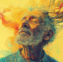 Abstract old man with beard with colourful fluid lines