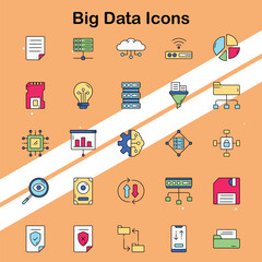 Set of big data icons illustrating data analysis and technology concepts ideal for tech and analytics themes.