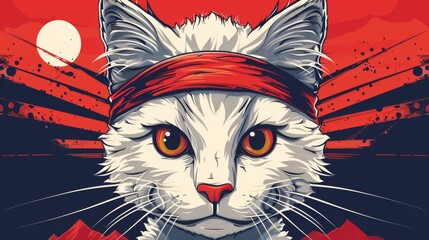 Obraz premium Cartoon cat face with a karate headband, dojo background