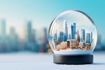 Snow globe featuring a miniature cityscape, blurred background. Business theme.