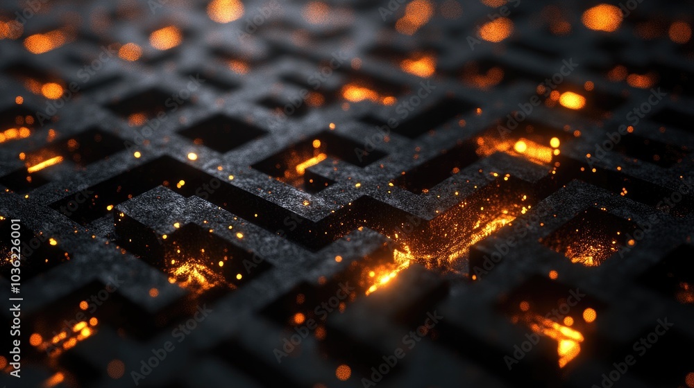 Poster a textured surface with glowing embers, resembling a maze or intricate pattern.