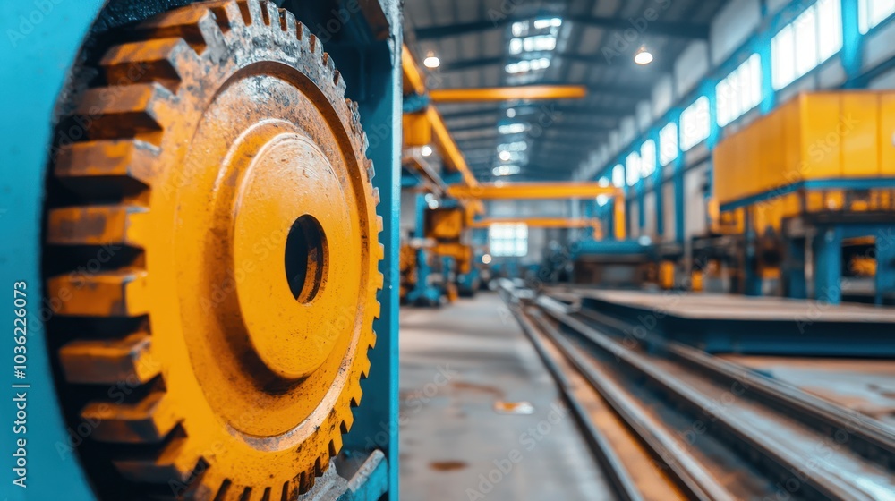 Poster close-up of a large yellow gear in a factory setting