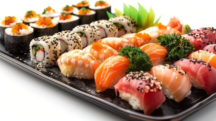Close-up of assorted sushi including nigiri and maki on a modern black plate, isolated on a clean white backdrop