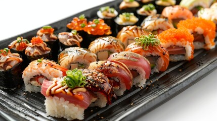 Close-up of assorted sushi including nigiri and maki on a modern black plate, isolated on a clean white backdrop