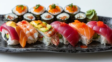 Close-up of assorted sushi including nigiri and maki on a modern black plate, isolated on a clean white backdrop