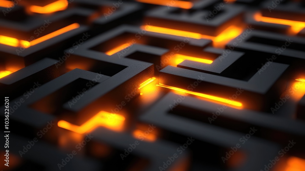 Poster a close-up of a maze design with glowing orange lines, creating an intriguing visual effect.