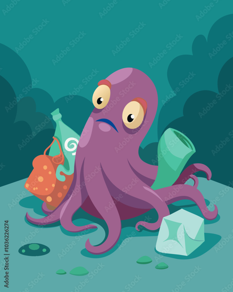 Poster an octopus attempts to camouflage a a pile of plastic bags unable to find a suitable hiding spot in 