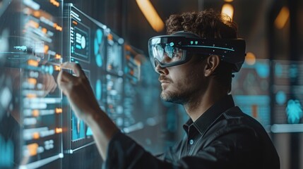 Professional interacting with a futuristic AR interface in an office, headset-equipped, for marketing management