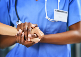 Woman, doctor or holding hands with patient for empathy, sympathy or care in support at hospital....