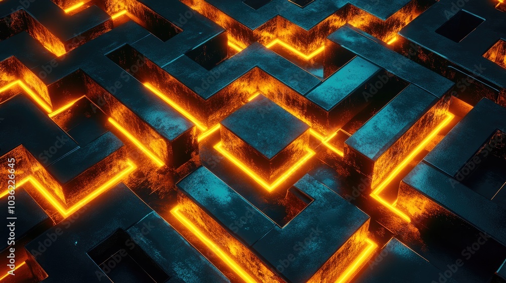 Poster a maze-like structure with glowing edges, creating a futuristic, abstract environment.