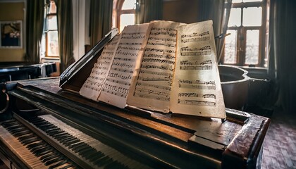 Obraz premium 피아노 위에 낡고 구겨진 악보가 있다