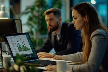 Two concentrated serious business people working in office sitting at the desk with laptop on workplace looking at computer monitor screen analyzing company finances.