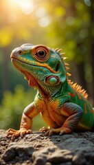 Obraz premium Colorful lizard basking in the sun on a rock, showcasing vibrant patterns in warm natural light