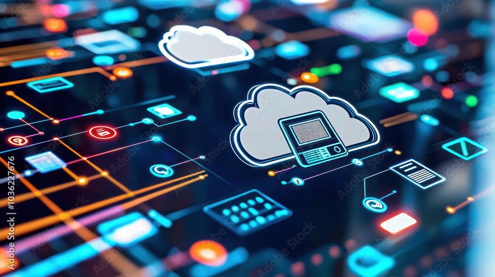 Poster Cloud Computing Network with Glowing Icons and Lines